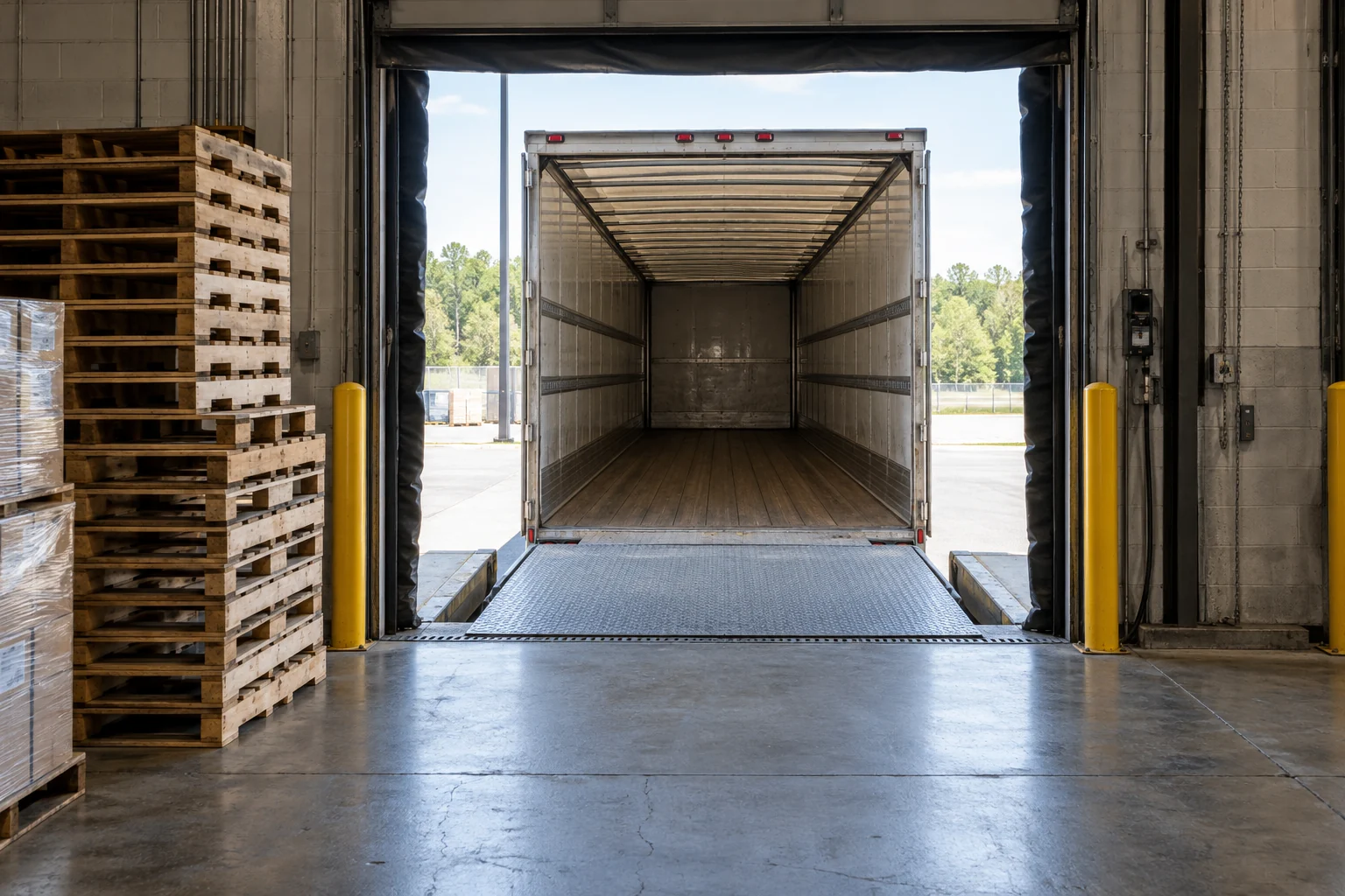 Illustrative warehouse loading dock with an open trailer