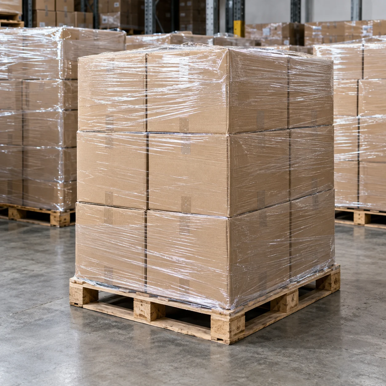 Illustrative pallet of cartons secured in clear protective wrap