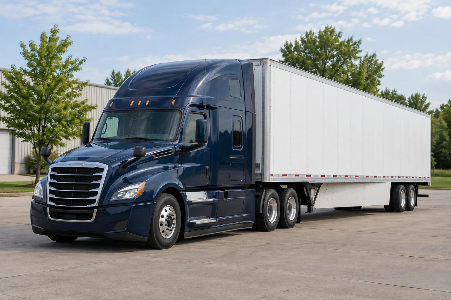 Illustrative navy tractor-trailer in a leafy Iowa-style industrial yard
