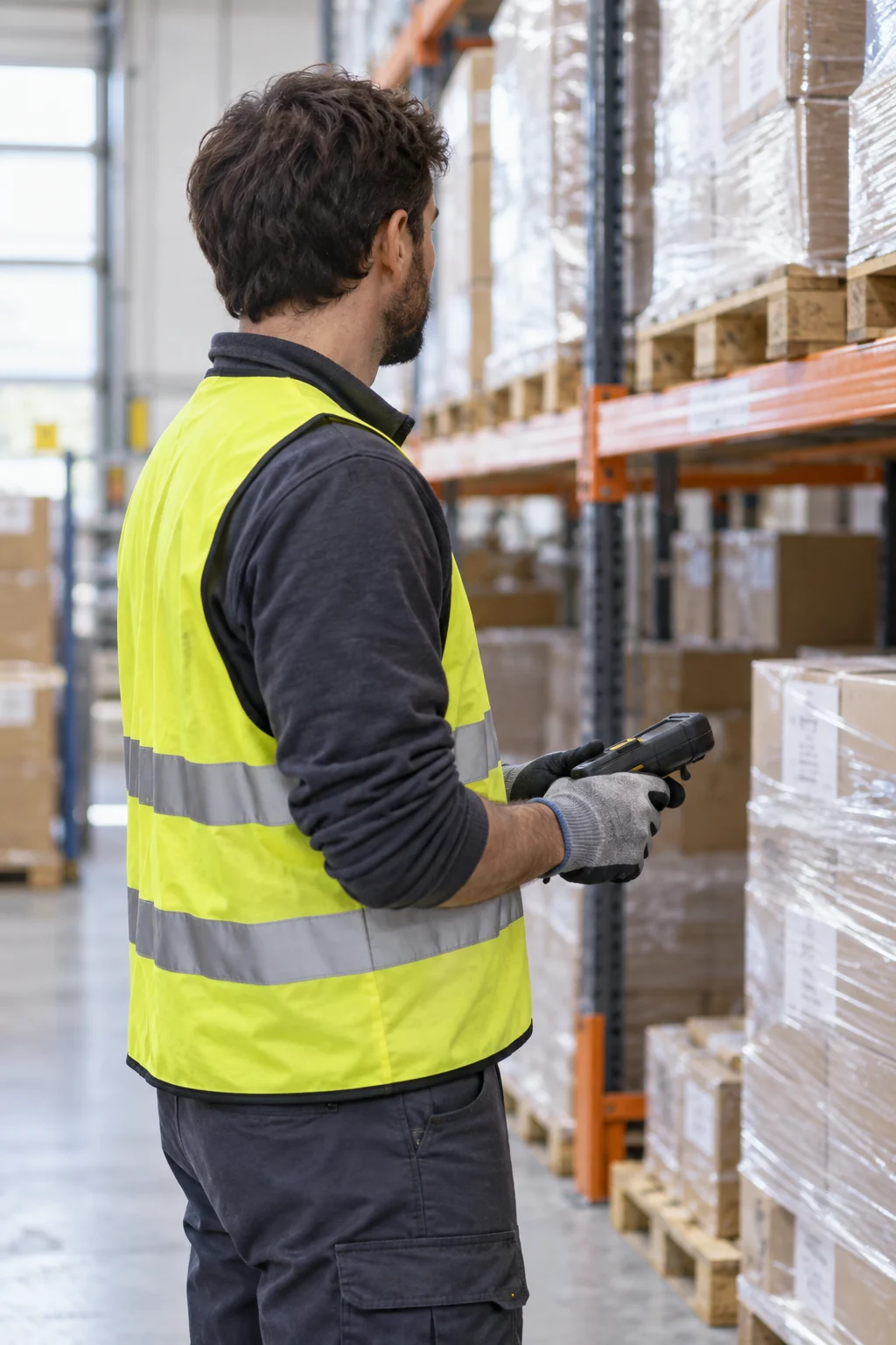 Illustrative warehouse worker wearing a safety vest and holding a scanner